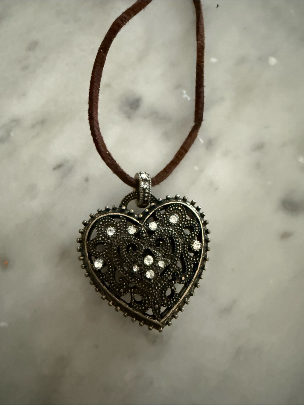 Vintage Filigree Heart Pendant Necklace with Brown Cord